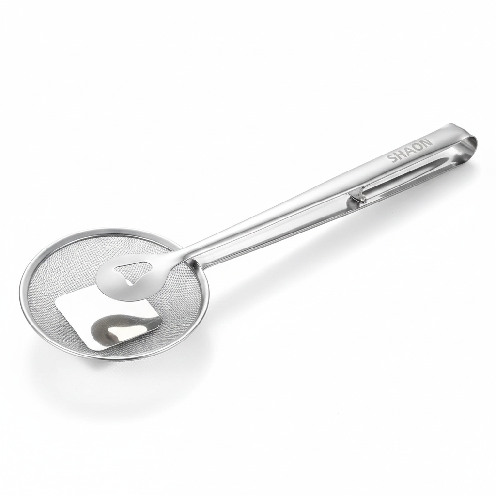 2-in-1 Stainless Steel Fine Mesh Oil Scoop & Food Tong