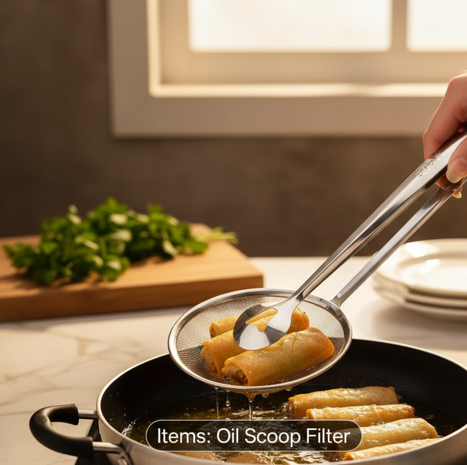 2-in-1 Stainless Steel Fine Mesh Oil Scoop & Food Tong